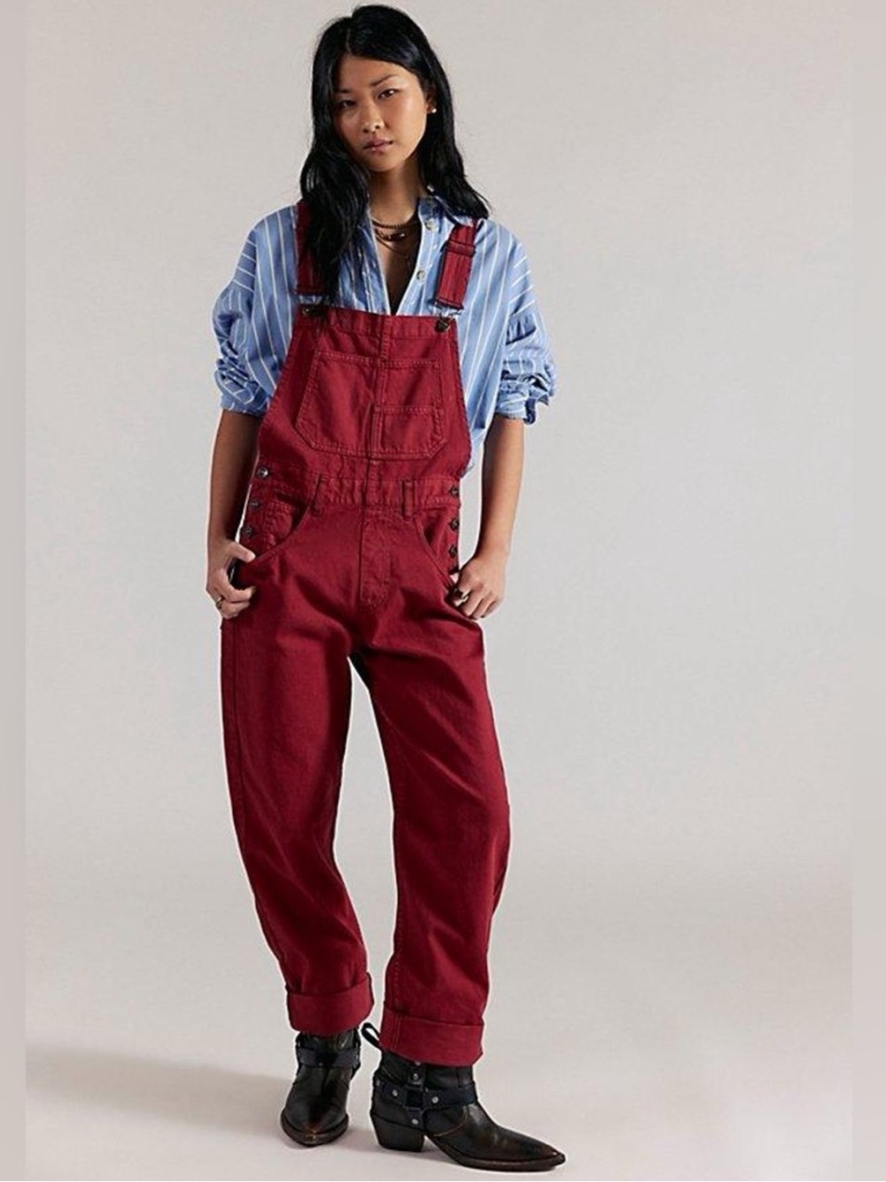 Free People We The Free Ziggy Denim Overalls Straight Leg Raspberry Red